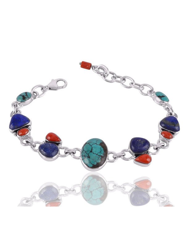 Natural Tibetan Turquoise Lapis And Coral  Gemstone 925 Sterling Silver Bracelet| Jewels Artisan