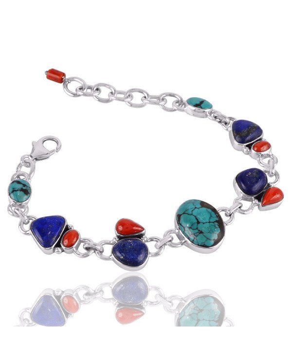 Natural Tibetan Turquoise Lapis And Coral  Gemstone 925 Sterling Silver Bracelet| Jewels Artisan