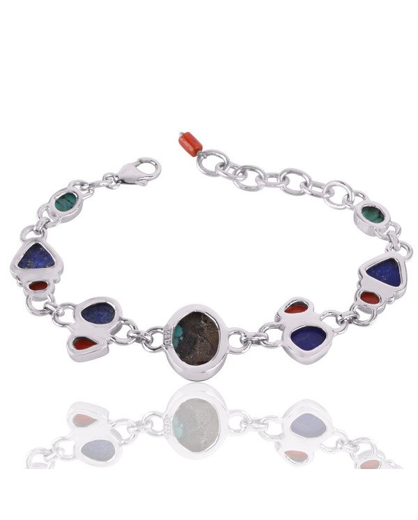 Natural Tibetan Turquoise Lapis And Coral  Gemstone 925 Sterling Silver Bracelet| Jewels Artisan