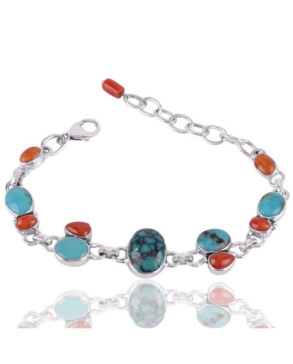 Natural Tibetan Turquoise And Multigemstone 925 Sterling Silver Bracelet| Jewels Artisan