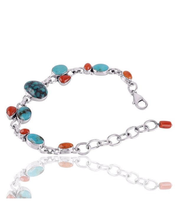 Natural Tibetan Turquoise And Multigemstone 925 Sterling Silver Bracelet| Jewels Artisan