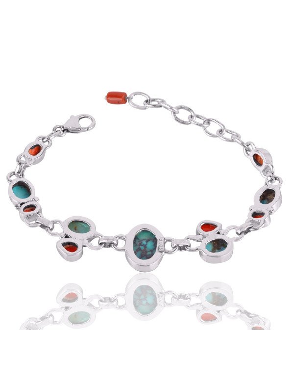 Natural Tibetan Turquoise And Multigemstone 925 Sterling Silver Bracelet| Jewels Artisan