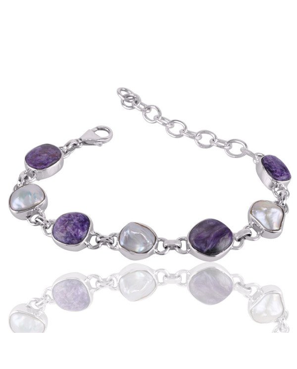 Natural Charoite And Biwa Pearl Gemstone 925 Sterling Silver Bracelet| Jewels Artisan