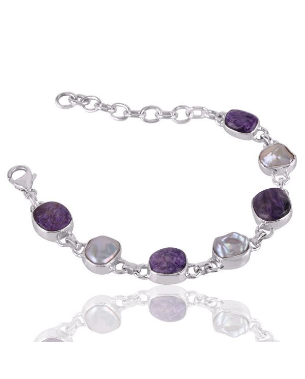 Natural Charoite And Biwa Pearl Gemstone 925 Sterling Silver Bracelet| Jewels Artisan
