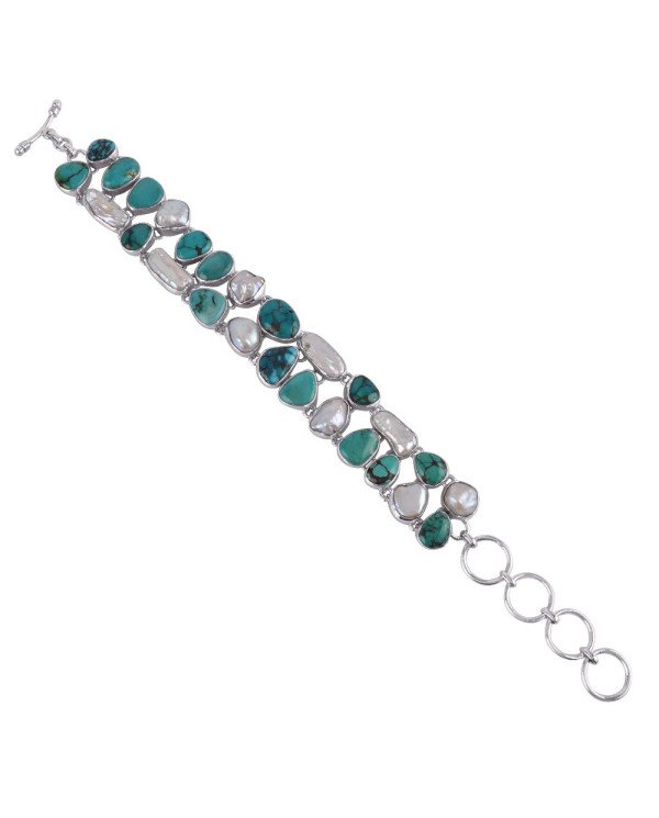 Natural Tibetan Turquoise And Biwa Pearl Gemstone 925 Sterling Silver Bracelet| Jewels Artisan