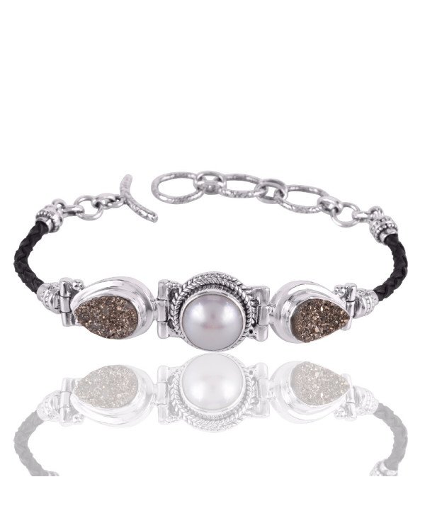 Natural Pyarite And Pearl Gemstone 925 Sterling Silver Bracelet| Jewels Artisan