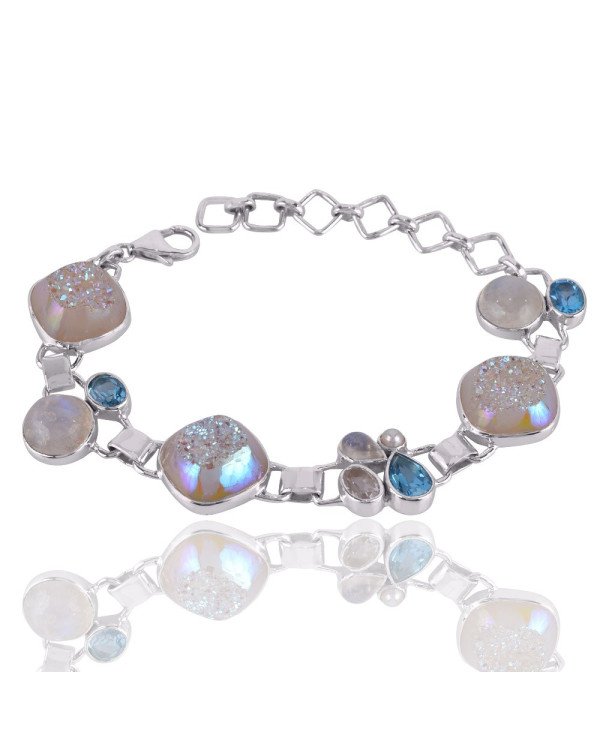 Natural Titanium Druzy And  Multigemstone 925 Sterling Silver Bracelet| Jewels Artisan