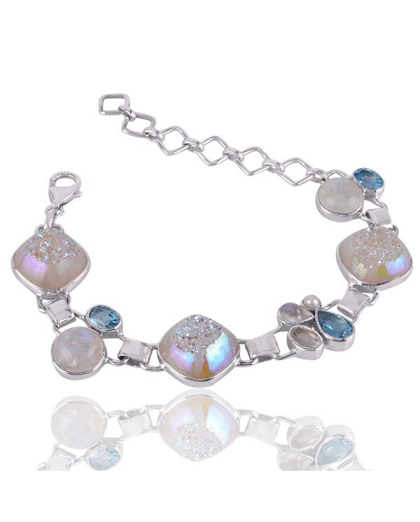 Natural Titanium Druzy And  Multigemstone 925 Sterling Silver Bracelet| Jewels Artisan