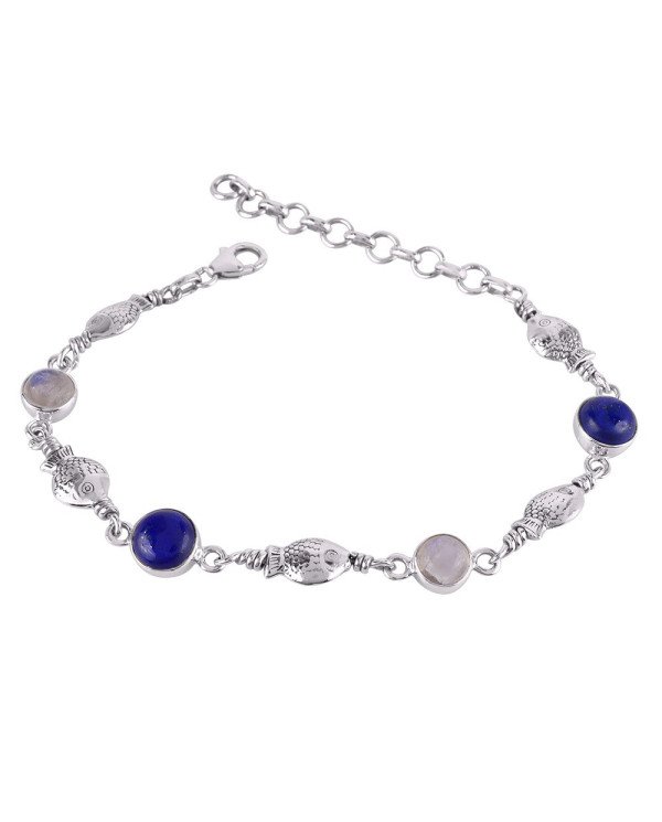 Natural Lapis And Rainbow Moonstone Gemstone 925 Sterling Silver Bracelet| Jewels Artisan