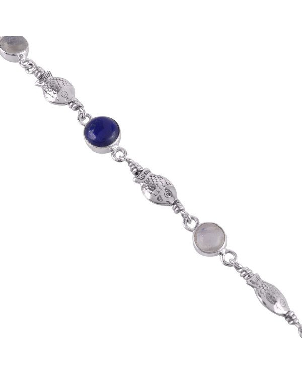 Natural Lapis And Rainbow Moonstone Gemstone 925 Sterling Silver Bracelet| Jewels Artisan