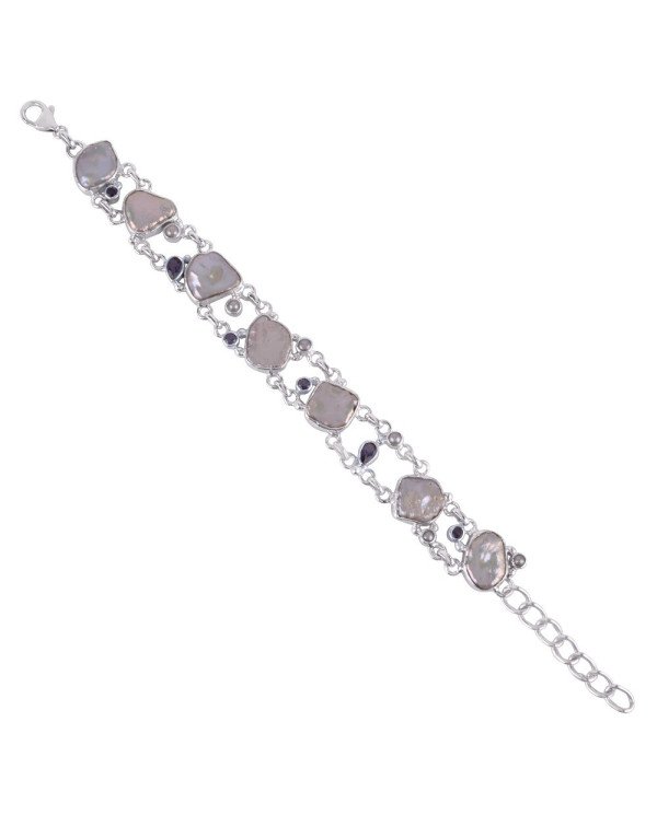 Natural Iolite And Pearl Gemstone 925 Sterling Silver Bracelet| Jewels Artisan