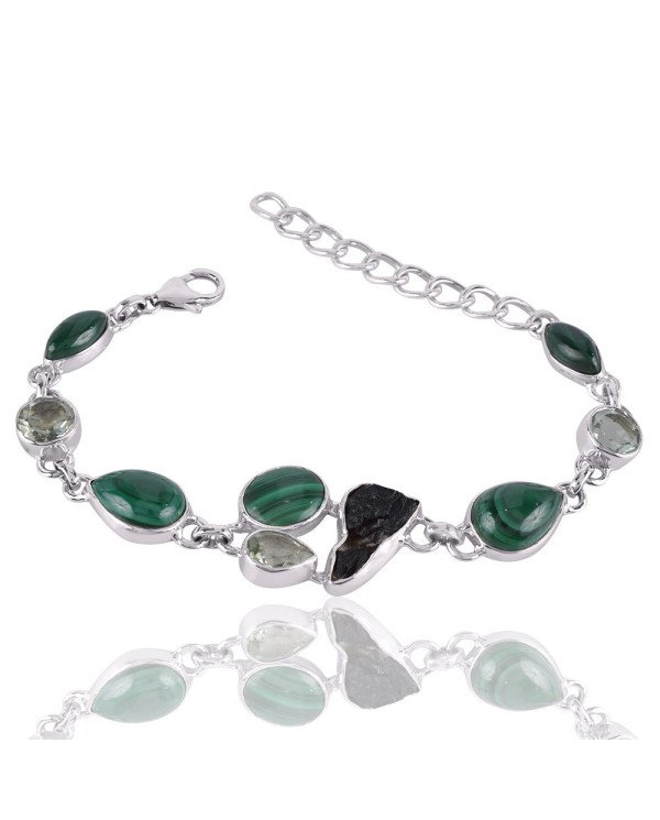Natural Green Amethyst Malachite And Tektite Gemstone 925 Sterling Silver Bracelet| Jewels Artisan