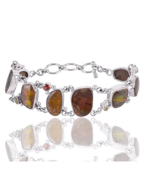 Natural Garnet Citrine Peridot And Ammolite Gemstone 925 Sterling Silver Bracelet| Jewels Artisan