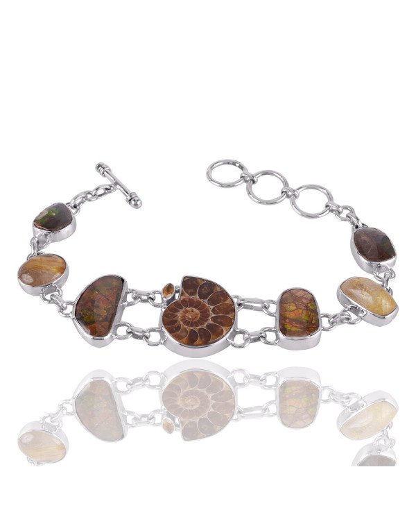 Natural Ammonite And Ammolite Multigemstone 925 Sterling Silver Bracelet| Jewels Artisan