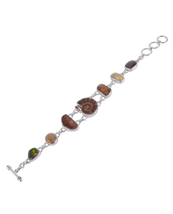 Natural Ammonite And Ammolite Multigemstone 925 Sterling Silver Bracelet| Jewels Artisan