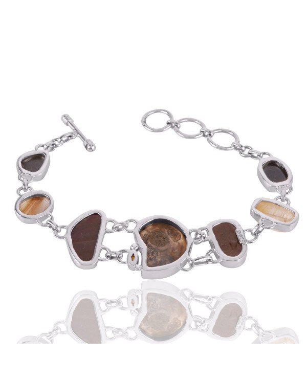 Natural Ammonite And Ammolite Multigemstone 925 Sterling Silver Bracelet| Jewels Artisan