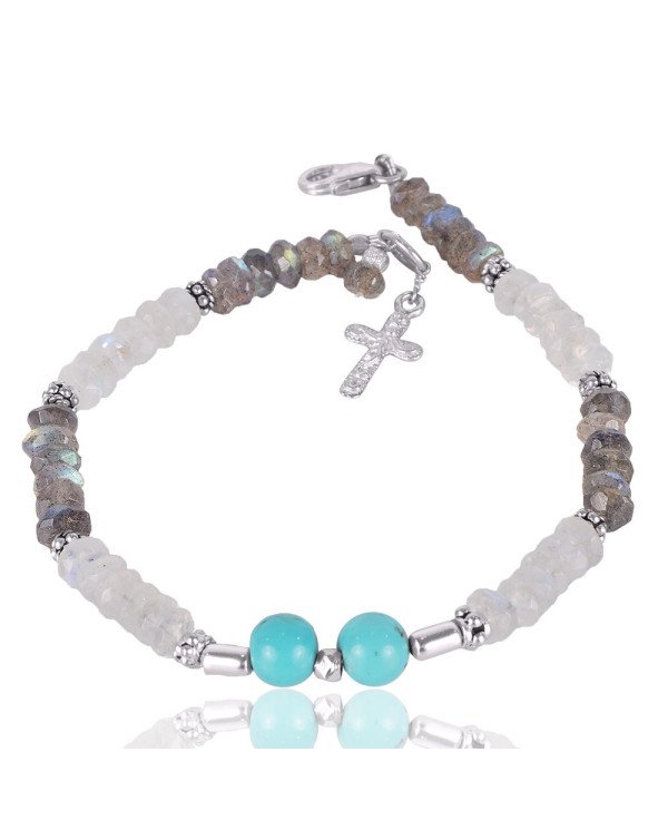 Natural Labradorite Turquoise And Rainbow Moonstone Beads Gemstone 925 Silver Bracelet| Jewels Artisan