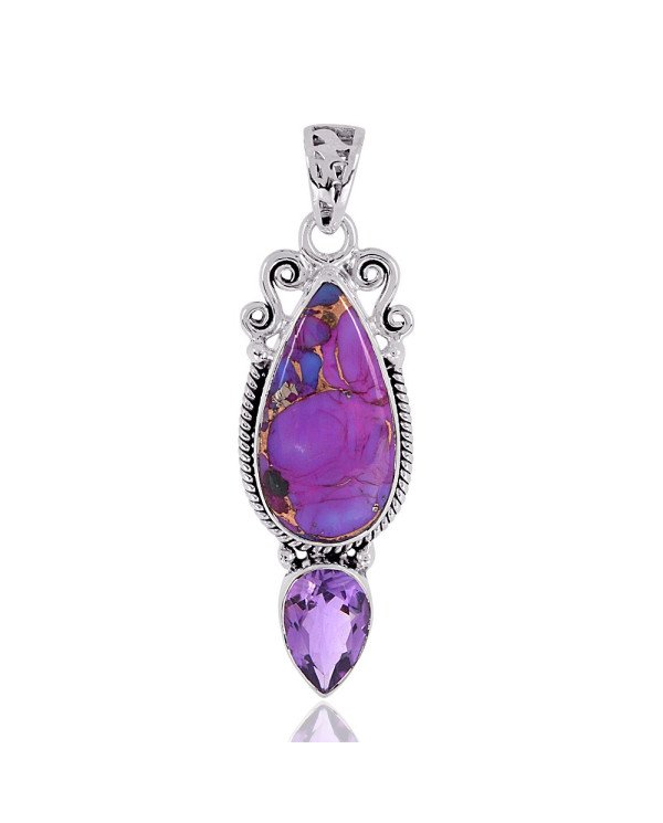 Natural Purple Copper Turquoise Multigemstone 925 Sterling Silver Pendant| Jewels Artisan
