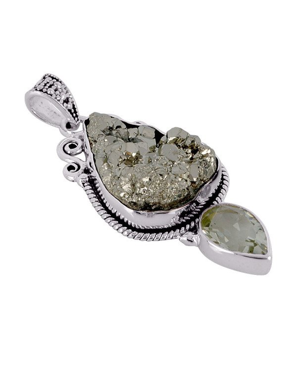 Natural Green Amethyst And Pyrite Drug Gemstone 925 Sterling Silver Pendant| Jewels Artisan