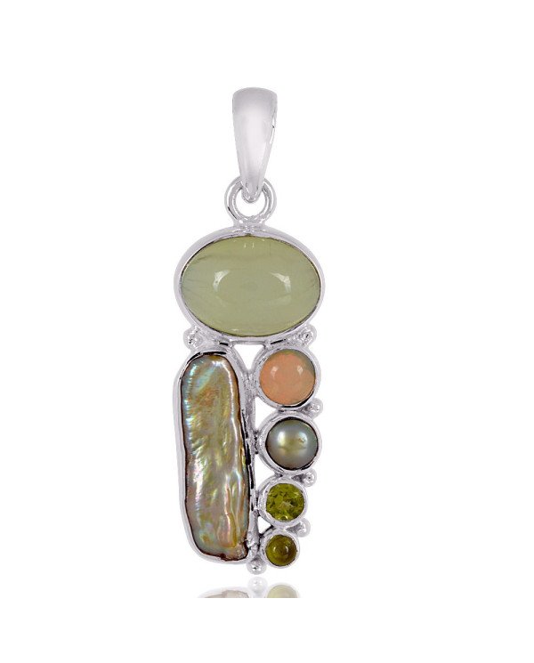 Natural Colour Biwa Pearl Multigemstone 925 Sterling Silver Pendant| Jewels Artisan