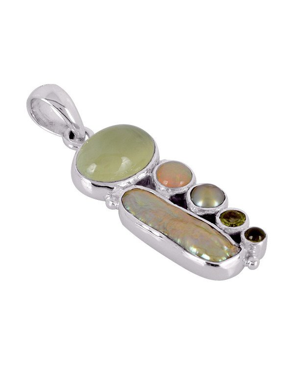 Natural Colour Biwa Pearl Multigemstone 925 Sterling Silver Pendant| Jewels Artisan