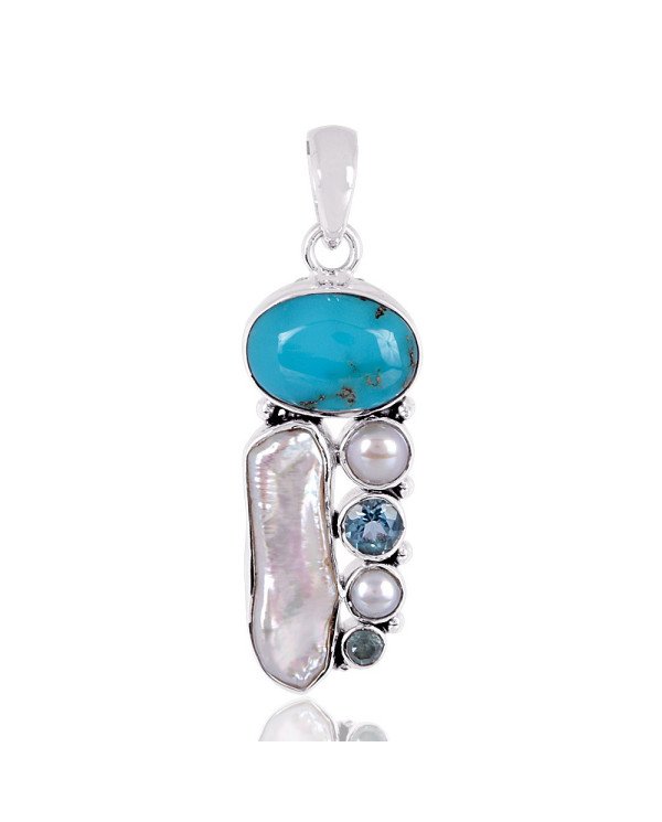 Natural Arizona Turquoise Multigemstone 925 Sterling Silver Pendant| Jewels Artisan