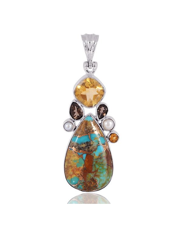 Natural Boulder Turquoise And Multigemstone 925 Sterling Silver Pendant| Jewels Artisan