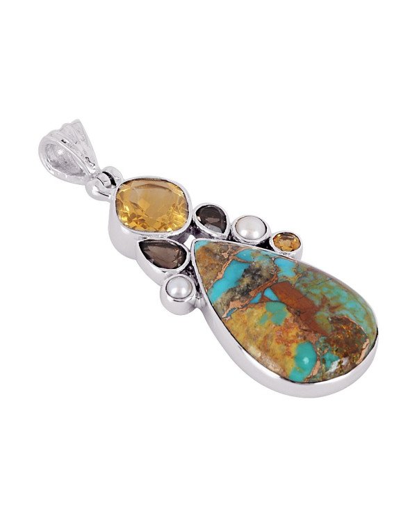 Natural Boulder Turquoise And Multigemstone 925 Sterling Silver Pendant| Jewels Artisan