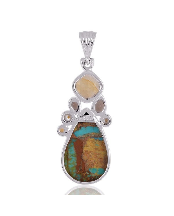 Natural Boulder Turquoise And Multigemstone 925 Sterling Silver Pendant| Jewels Artisan
