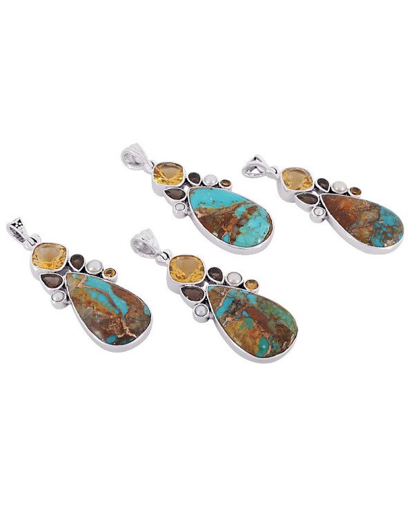 Natural Boulder Turquoise And Multigemstone 925 Sterling Silver Pendant| Jewels Artisan