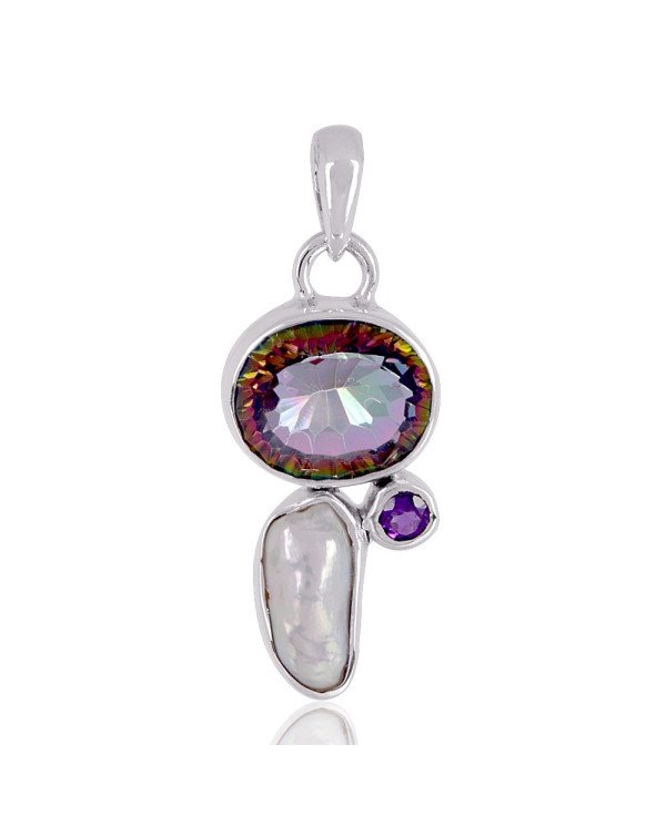 Natural Amethyst Mystic Quartz and Biwa Pearl Gemstone 925 Sterling Silver Pendant| Jewels Artisan