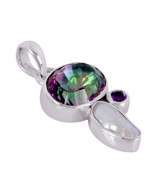 Natural Amethyst Mystic Quartz and Biwa Pearl Gemstone 925 Sterling Silver Pendant| Jewels Artisan