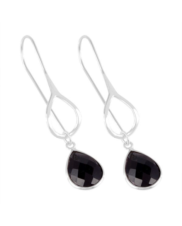 Black Stone Gemstone 925 Sterling Silver Dangle Drop Infinity Earring