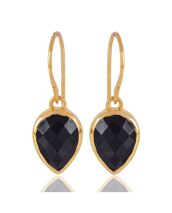 Natural Black Onyx Gemstone with Gold Plated Solid Sterling Silver Dangling Drop Earring | Jewels Artisan
