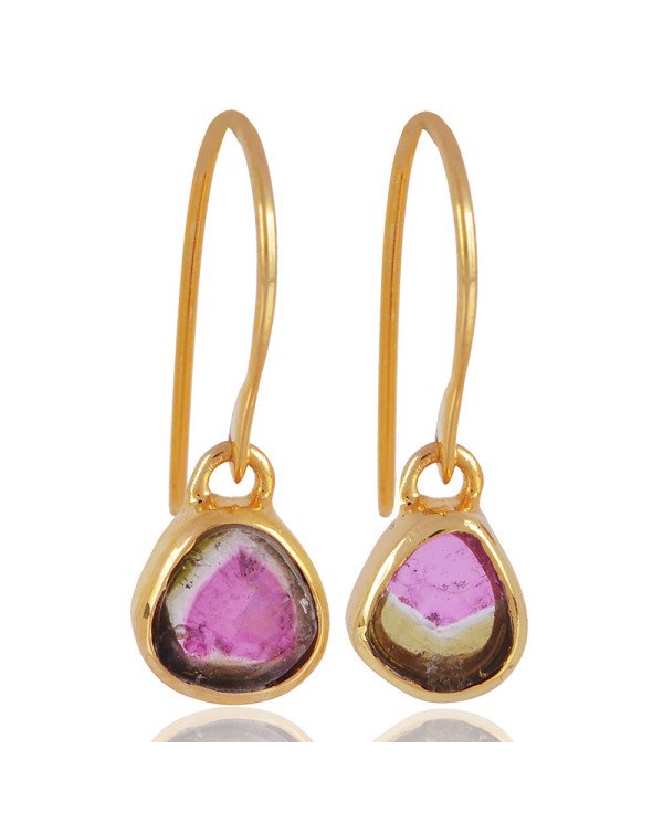 Tourmaline Slice Gemstone with Gold Plated Solid Sterling Silver Dangling Drop Earring | Jewels Artisan