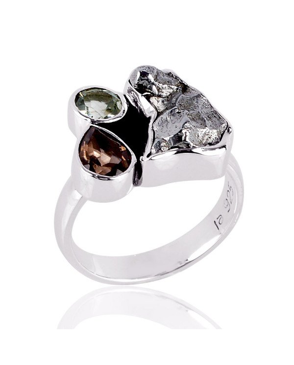 Persiolite Metorite and Smokey three Stone Solid Silver Ring