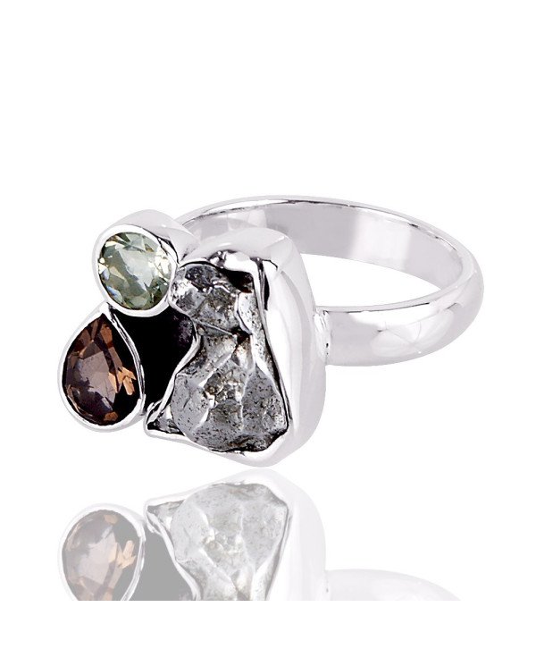 Persiolite Metorite and Smokey three Stone Solid Silver Ring
