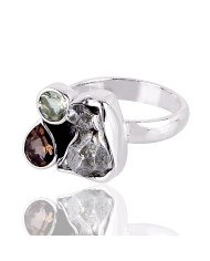 Persiolite Metorite and Smokey three Stone Solid Silver Ring