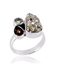 Persiolite Pyarite and Smokey three Stone Solid Silver Ring