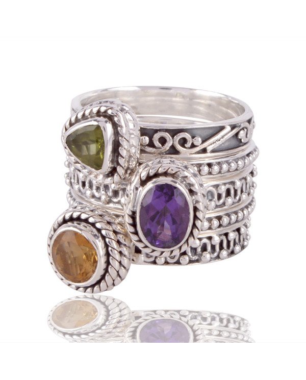 Natural Gemstone Citrine, Peridot, and Amethyst set of five 925 Sterling Silver Stackable Ring