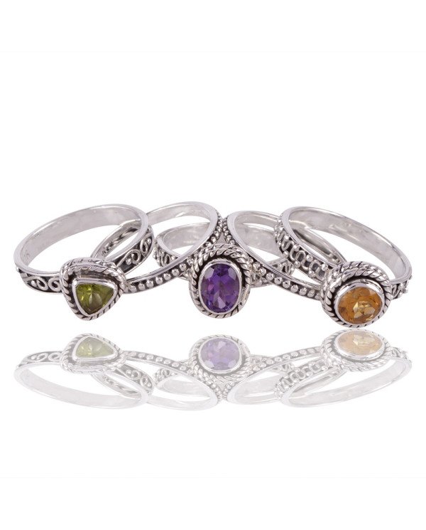 Natural Gemstone Citrine, Peridot, and Amethyst set of five 925 Sterling Silver Stackable Ring