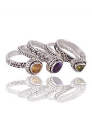 Natural Gemstone Citrine, Peridot, and Amethyst set of five 925 Sterling Silver Stackable Ring