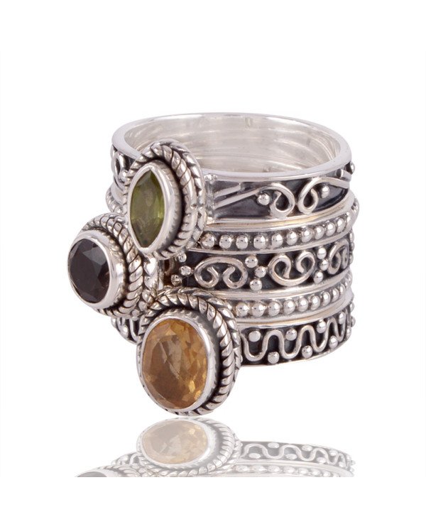 Citrine Peridot and Smokey Quartz Stakcable 925 Sterling Silver Ring