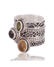 Citrine Peridot and Smokey Quartz Stakcable 925 Sterling Silver Ring