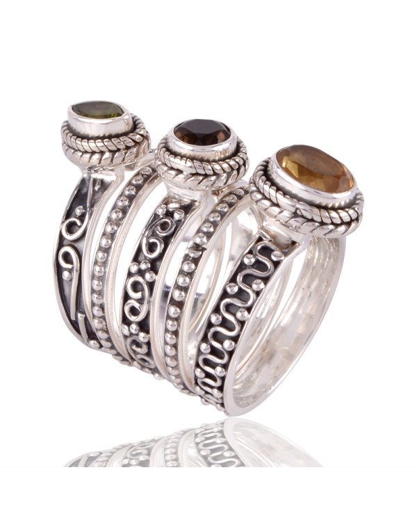 Citrine Peridot and Smokey Quartz Stakcable 925 Sterling Silver Ring