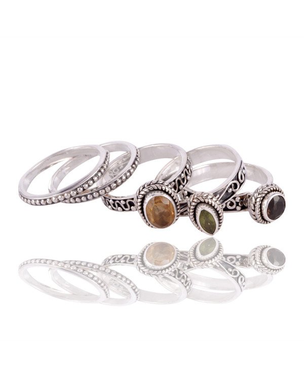 Citrine Peridot and Smokey Quartz Stakcable 925 Sterling Silver Ring