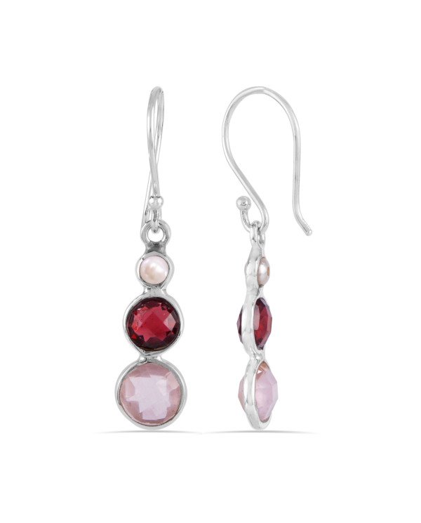 Rose Quartz Garnet and Pearl Gemstone Solid Silver Earrings