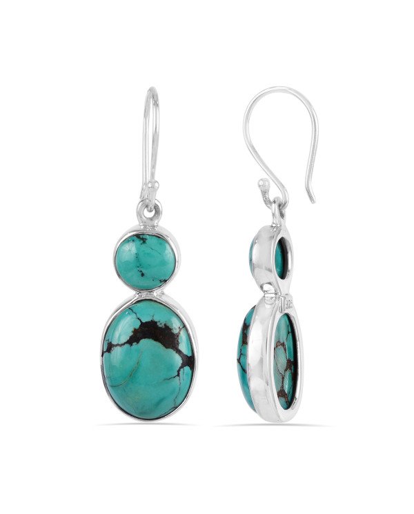 Tibetan Turquoise Two Stone Earring, 925 Silver Earrings, Silver and Gemstone Earrings
