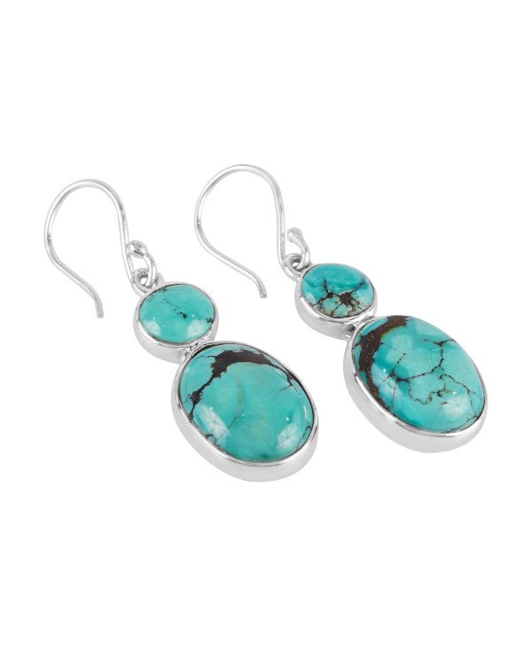 Tibetan Turquoise Two Stone Earring, 925 Silver Earrings, Silver and Gemstone Earrings