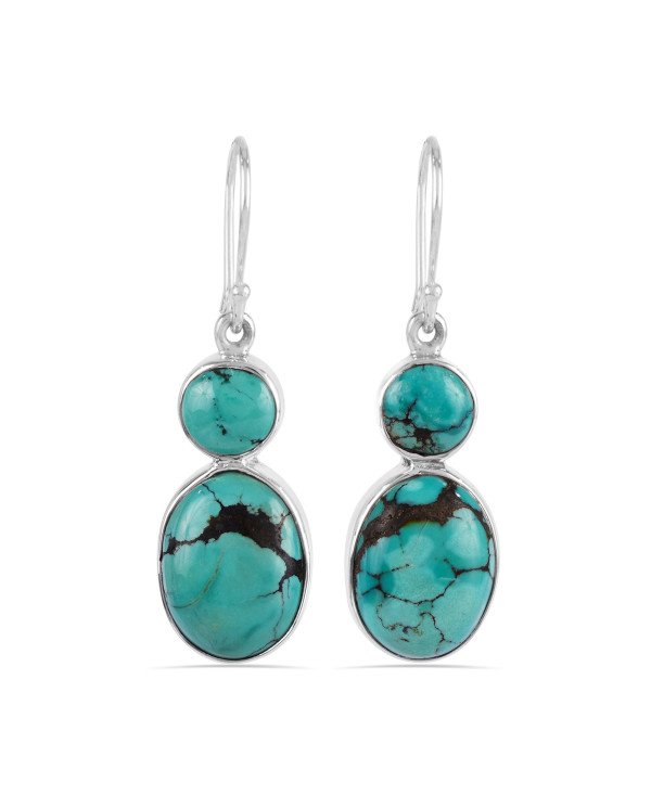 Tibetan Turquoise Two Stone Earring, 925 Silver Earrings, Silver and Gemstone Earrings